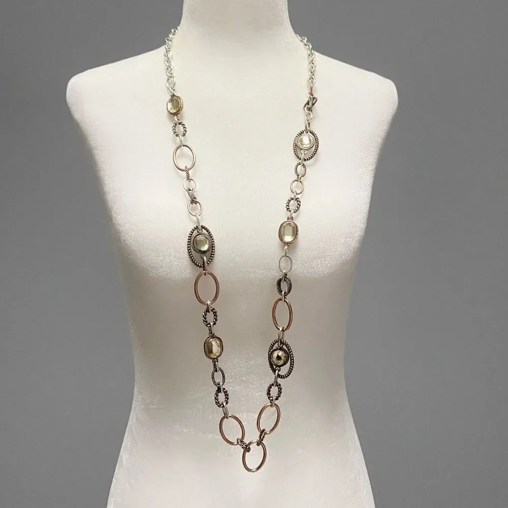 Long link silver and gold tone adjustable necklace with faceted yellow jewels